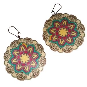 Oversized Flower Mandala Earrings Boho Pink Blue Lightweight Floral Wood + Steel